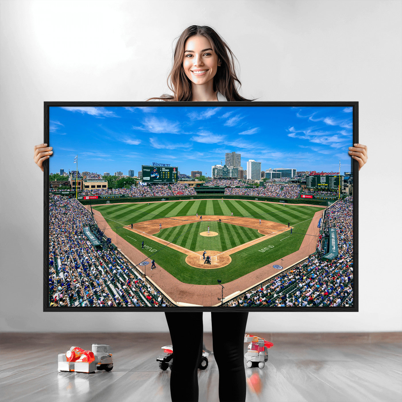 26064-MGV-CV-30X20-Framed Wrigley Field Chicago Cubs Print, Panoramic Multi Piece Canvas Wall Art - Iconic Baseball Stadium Print for Sports Lovers - Ready to