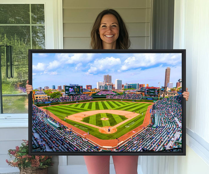 A 3-piece panoramic canvas wall art showcases an aerial view of a packed Chicago Cubs game at Wrigley Field, perfect for sports lovers.