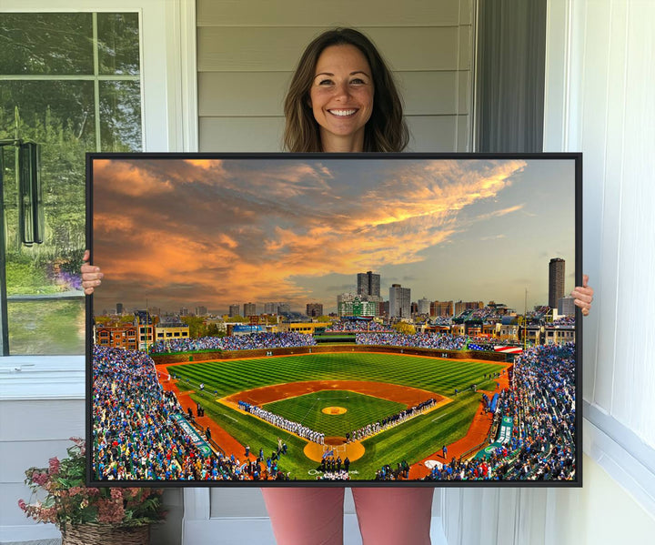 Aerial view of Wrigley Field at sunset against a vibrant sky, creating the perfect Chicago Wrigley Field Canvas Wall Art.