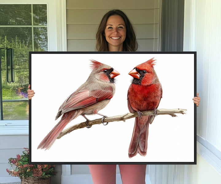 The Cardinal Bird Canvas Wall Art showcases two cardinals on a branch.