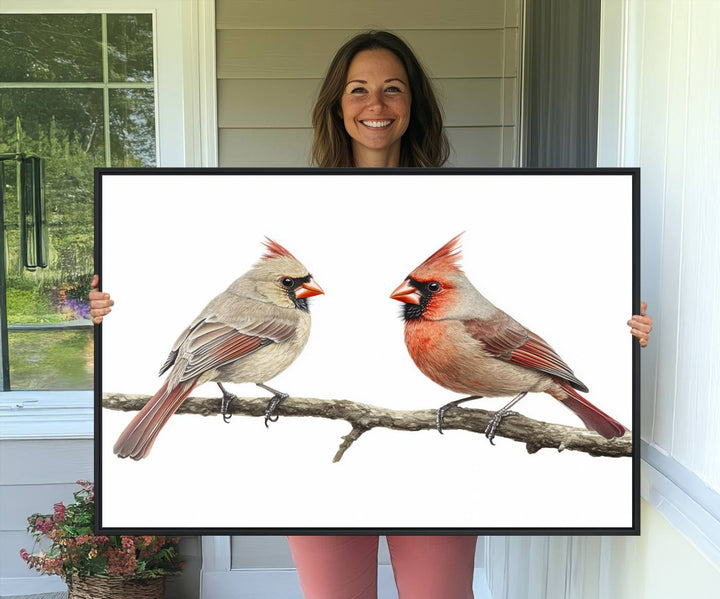 A Cardinal Canvas Wall Art print of cardinals on a branch hangs prominently.