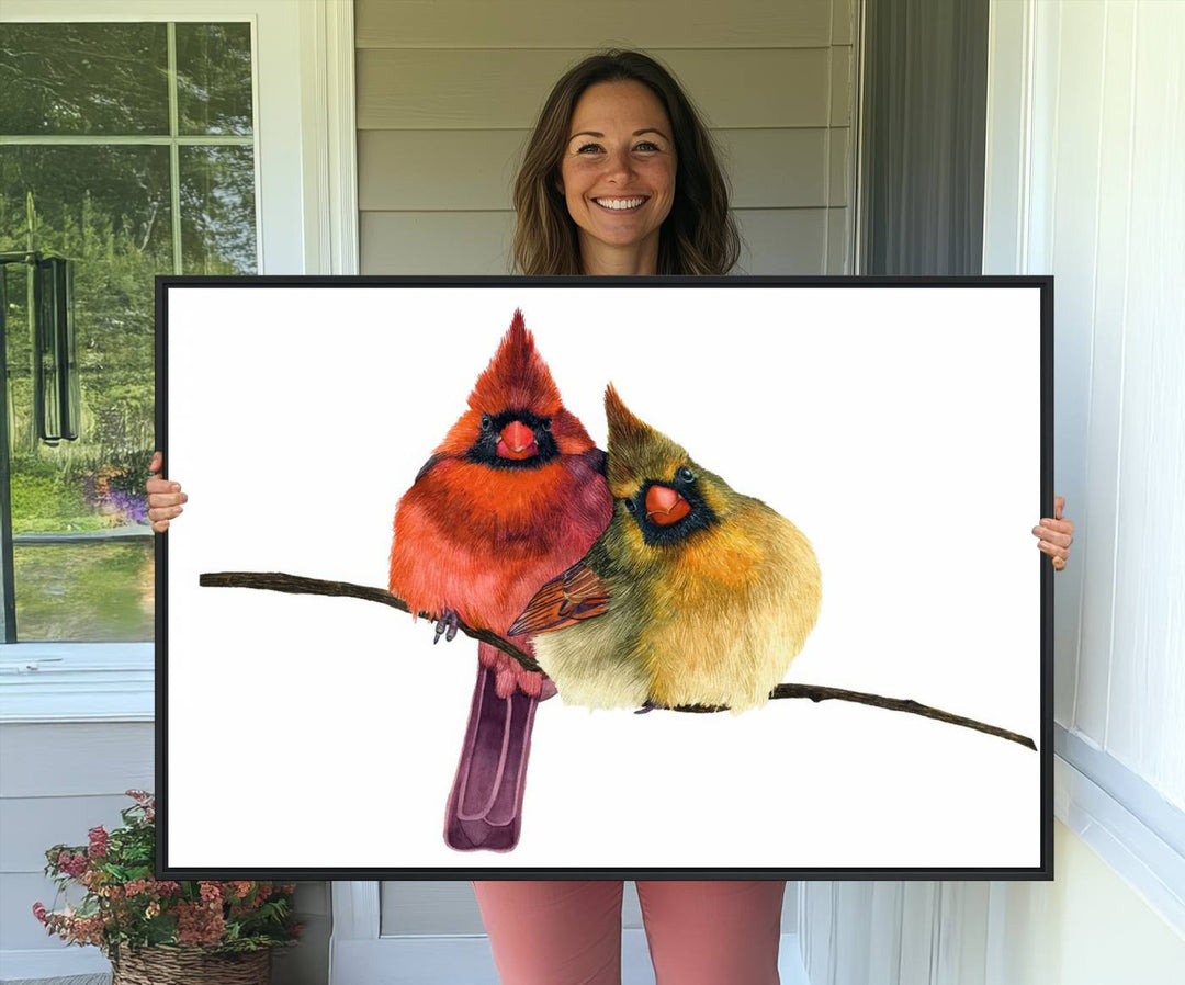 The Cardinal Bird Canvas Wall Art showcases vibrant male and female cardinals, capturing the beauty of nature in vivid detail.