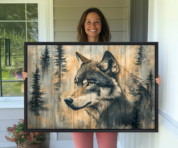 A Wood Style Rustic Wolf Wall Art Canvas Print adorns the kitchen.