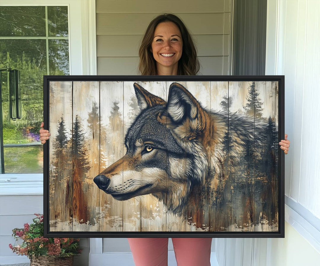 A kitchen dining area features Rustic Wolf Wall Art.