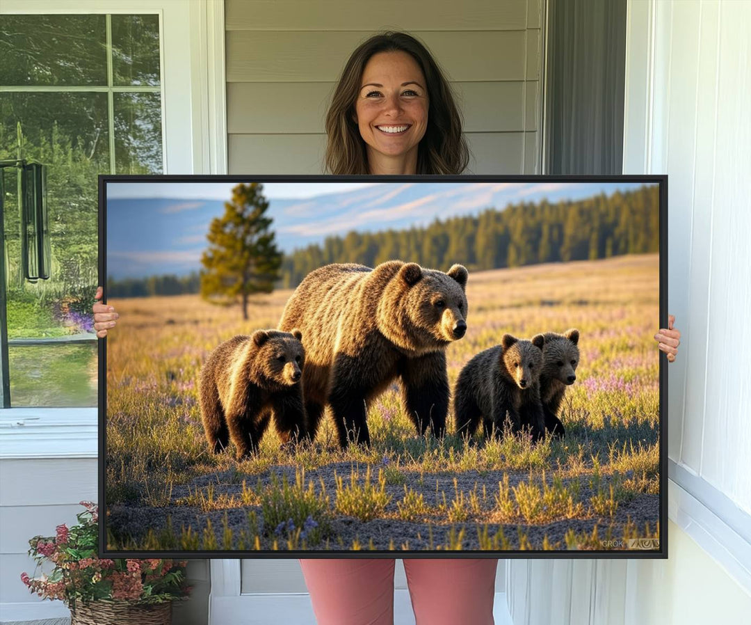 The dining room showcases the Grizzly 399 in Wild Flowers wall art.