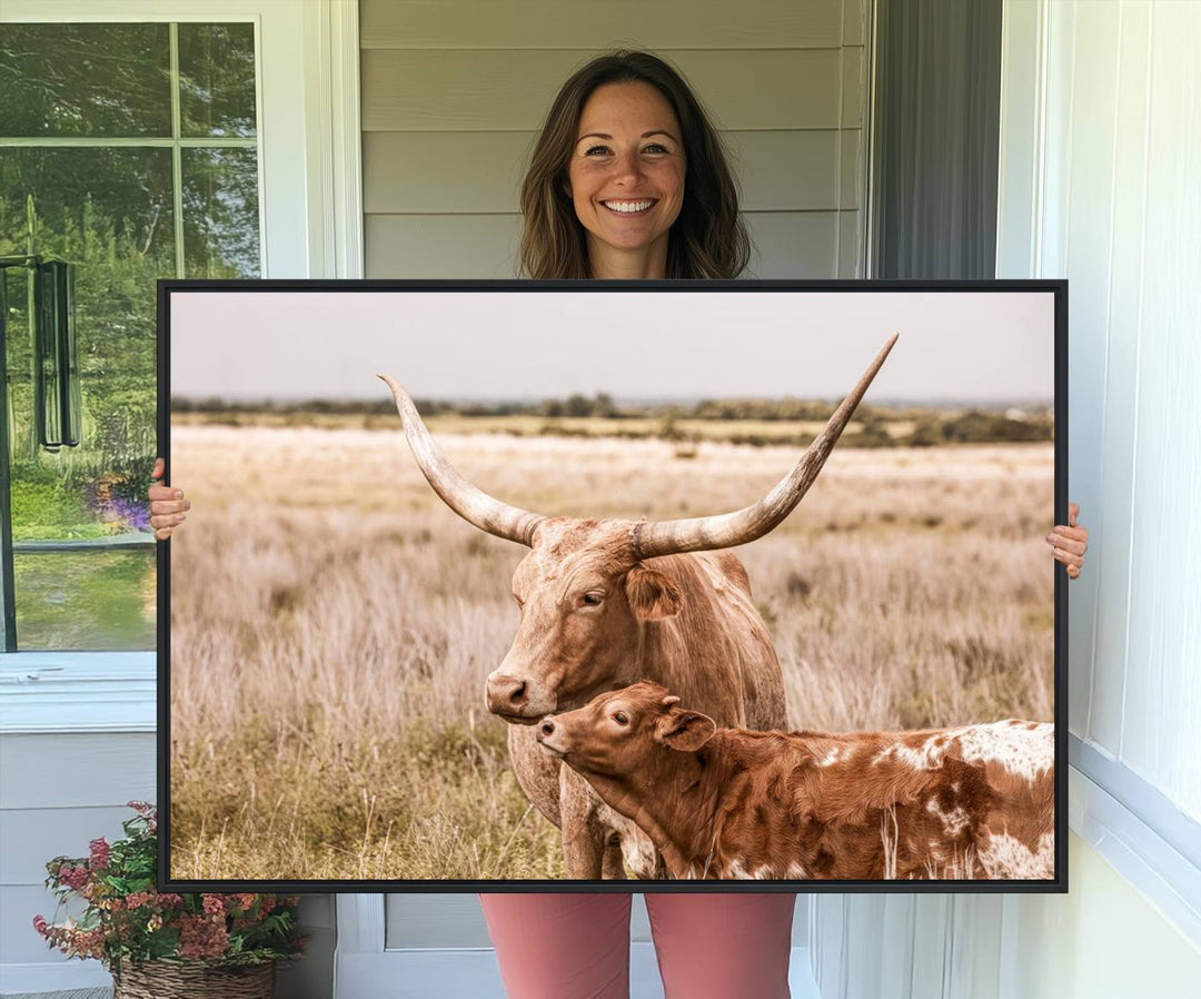 Dining area featuring a Texas Longhorn Cow Wall Art Canvas Print.