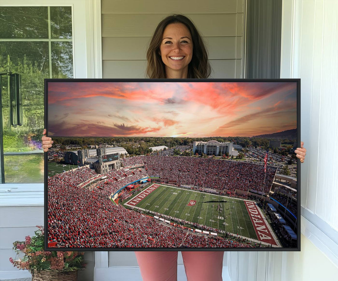 Gallery-quality Indiana Memorial Stadium Wall Art Canvas: A stunning view of the stadium at sunset.