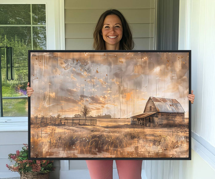 Rustic Farmhouse Wall Art Canvas depicting a barn under a cloudy sky.