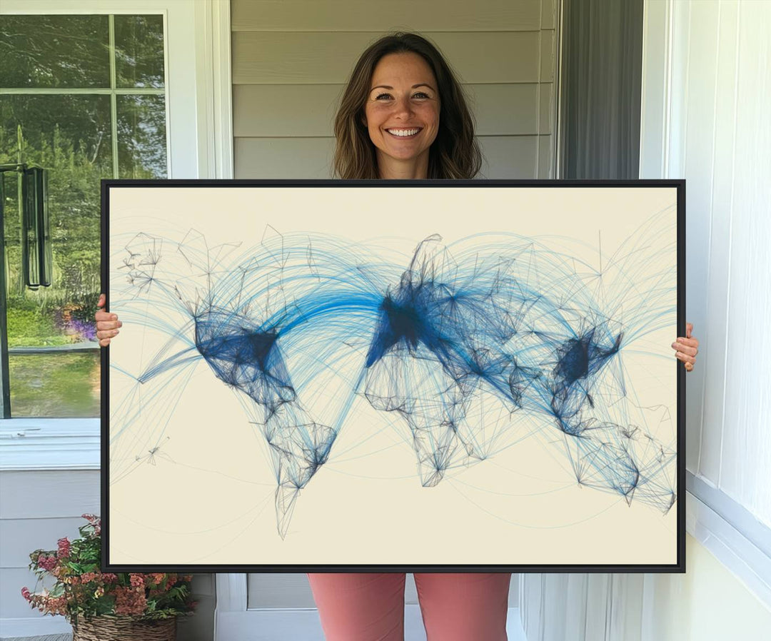 Flight Routes Map: Air Traffic Avi World Map featuring blue lines symbolizing global data. Ideal for home decor and ready to hang.