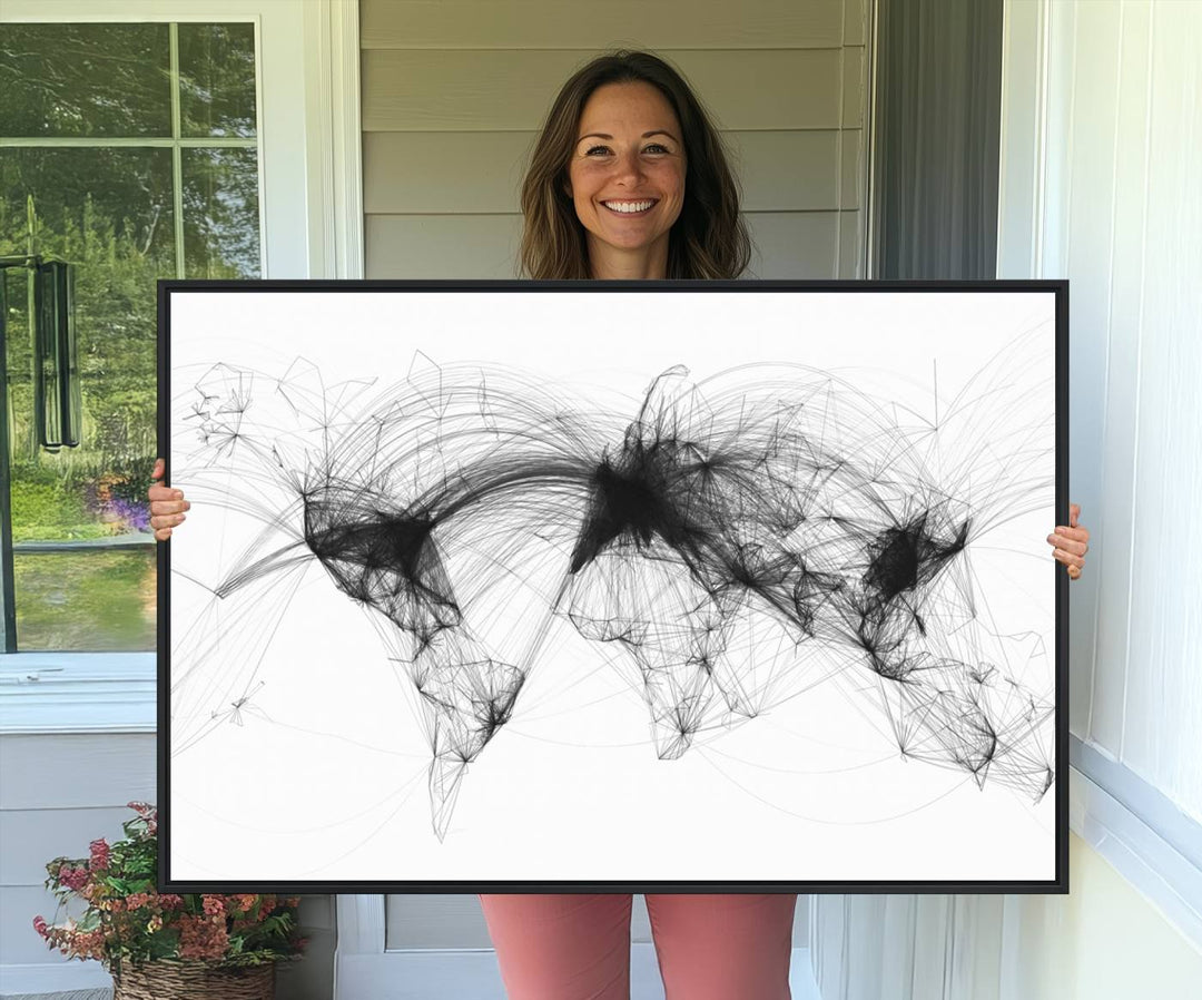 The Flight Routes Air Traffic canvas wall art, framed and ready to hang, is perfect for aviation enthusiasts.