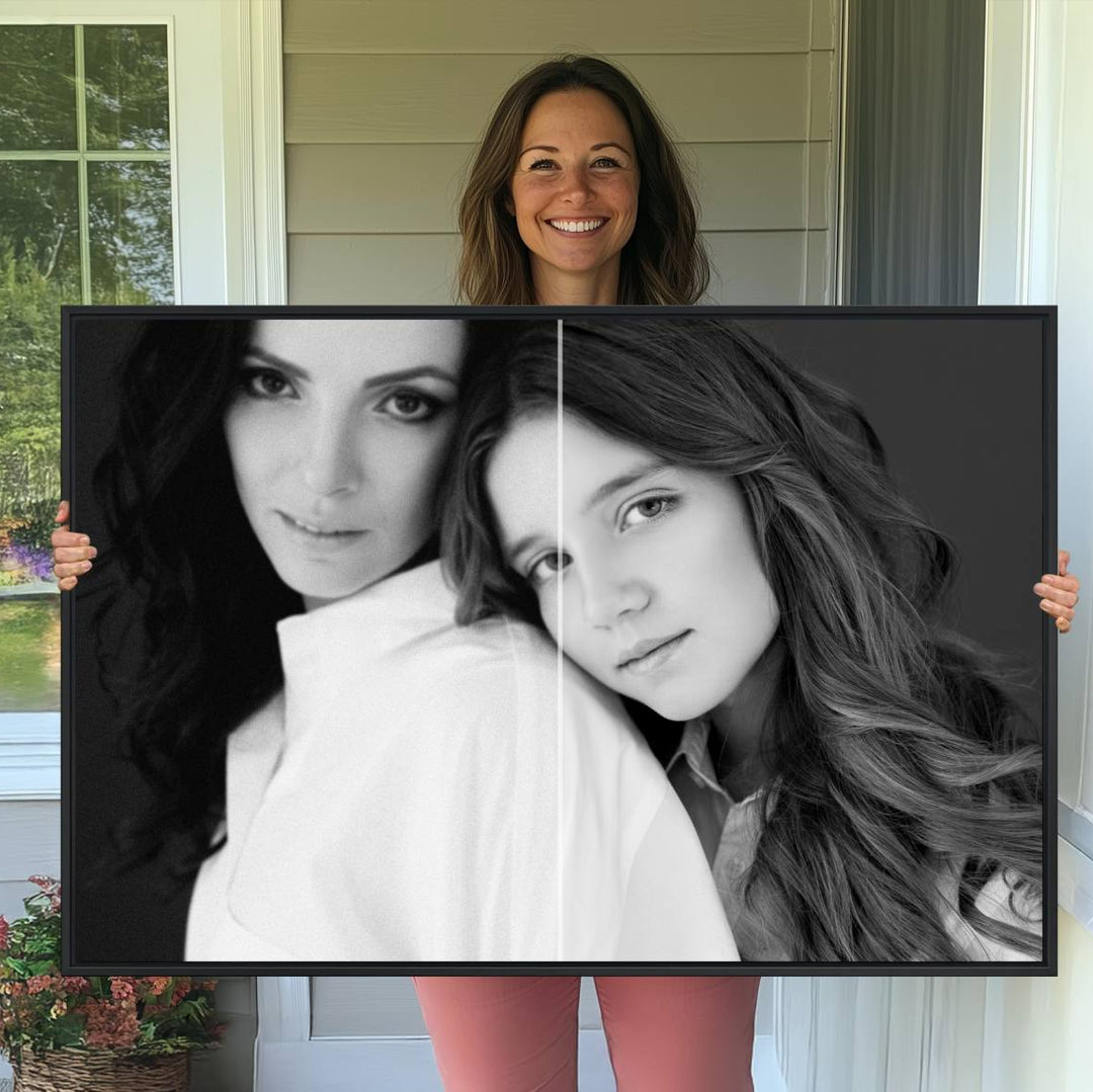 A large framed Fix Old Family Photos canvas print depicts two women with long hair on a porch.