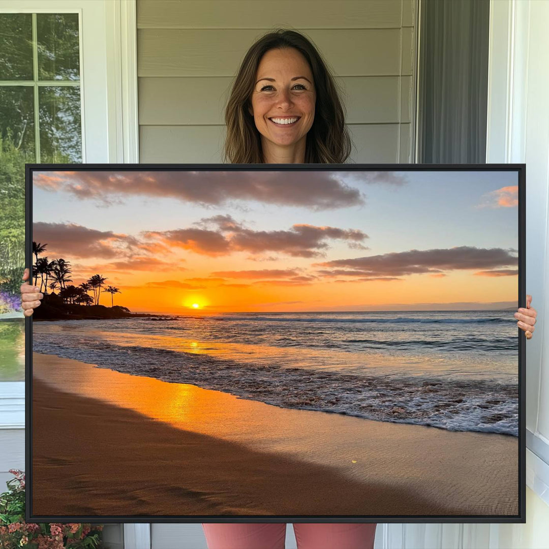 Sunset Wall Art Print featuring a beach sunset with waves and palms, perfect for coastal decor.