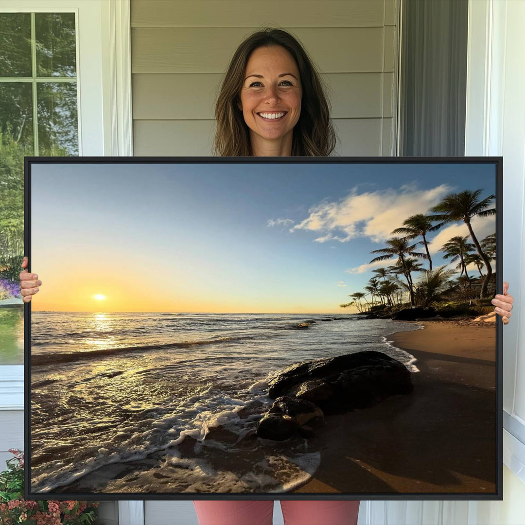 A serene tropical sunset on canvas, featuring palms and waves, serves as perfect Tropical Beach Wall Art for home or office decor.