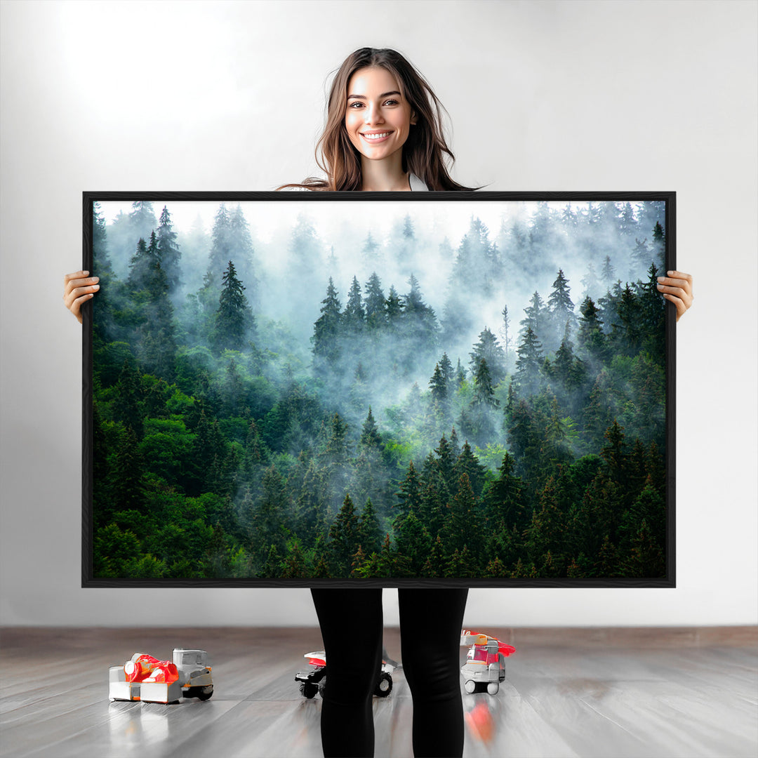 Misty Forest Art Wall Art Canvas Print, Foggy Mountain Art Print, Framed Scenic Wall Print Art Print, Large Woodland Canvas Printing Perfect