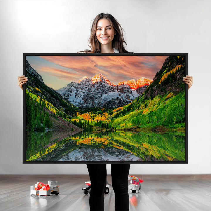 Maroon Bells Lake Wall Art Canvas Print – Majestic Colorado Mountain Landscape, Autumn Reflection, Multi-Panel Framed Artwork for Home,