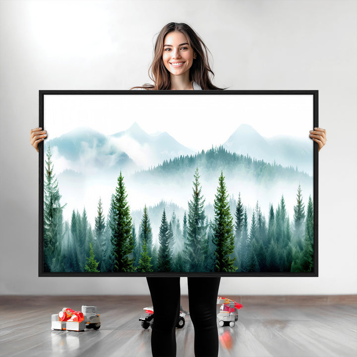 Pine Forest Wall Art Canvas Print, Framed Misty Mountains Art Picture Print, Foggy Trees Perfect Moody Forest Decor Artwork