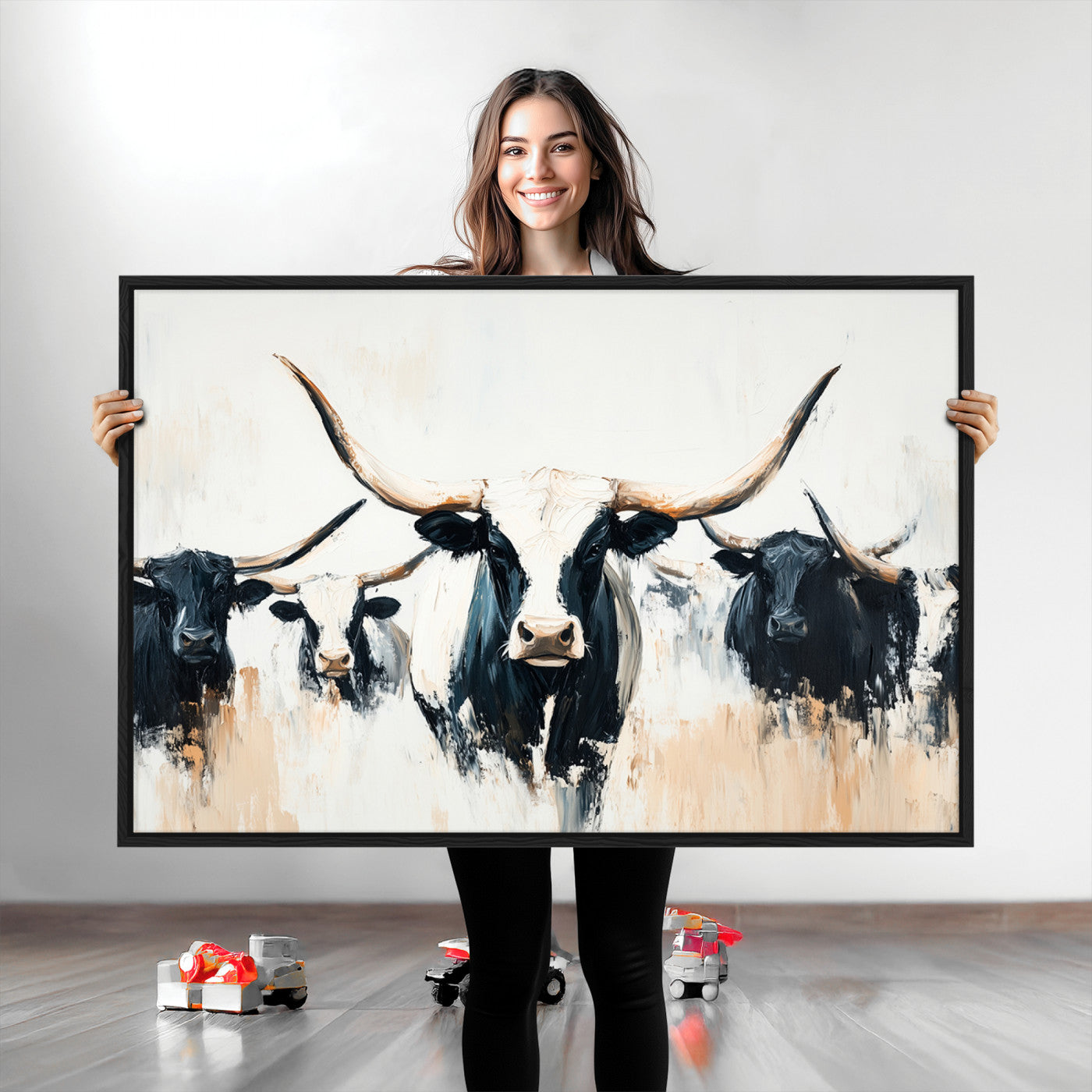 Texas Longhorn Wall Art Canvas Print, Framed Western Cattle Art Picture Print, Horned Bull Perfect Rustic Western Decor, Western Cattle