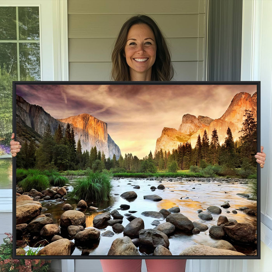 A tranquil riverside sunset mirrors the beauty of a Yosemite wall art masterpiece like the Large El Capitan Print.