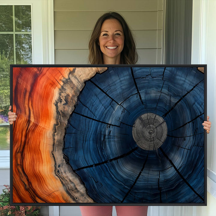 Abstract Tree Rings Canvas Print with vibrant colors—ideal farmhouse wall art for a woodland-themed home.