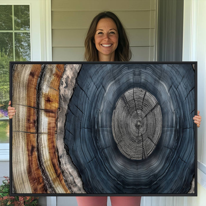 Close-up of the Abstract Tree Rings Wall Art Print featuring shades of blue, brown, and gray.