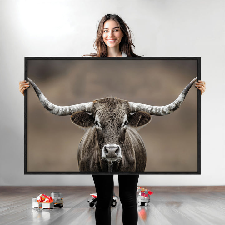 The Framed Texas Longhorn Bull Art Canvas Print adds timeless elegance to the serene setting.