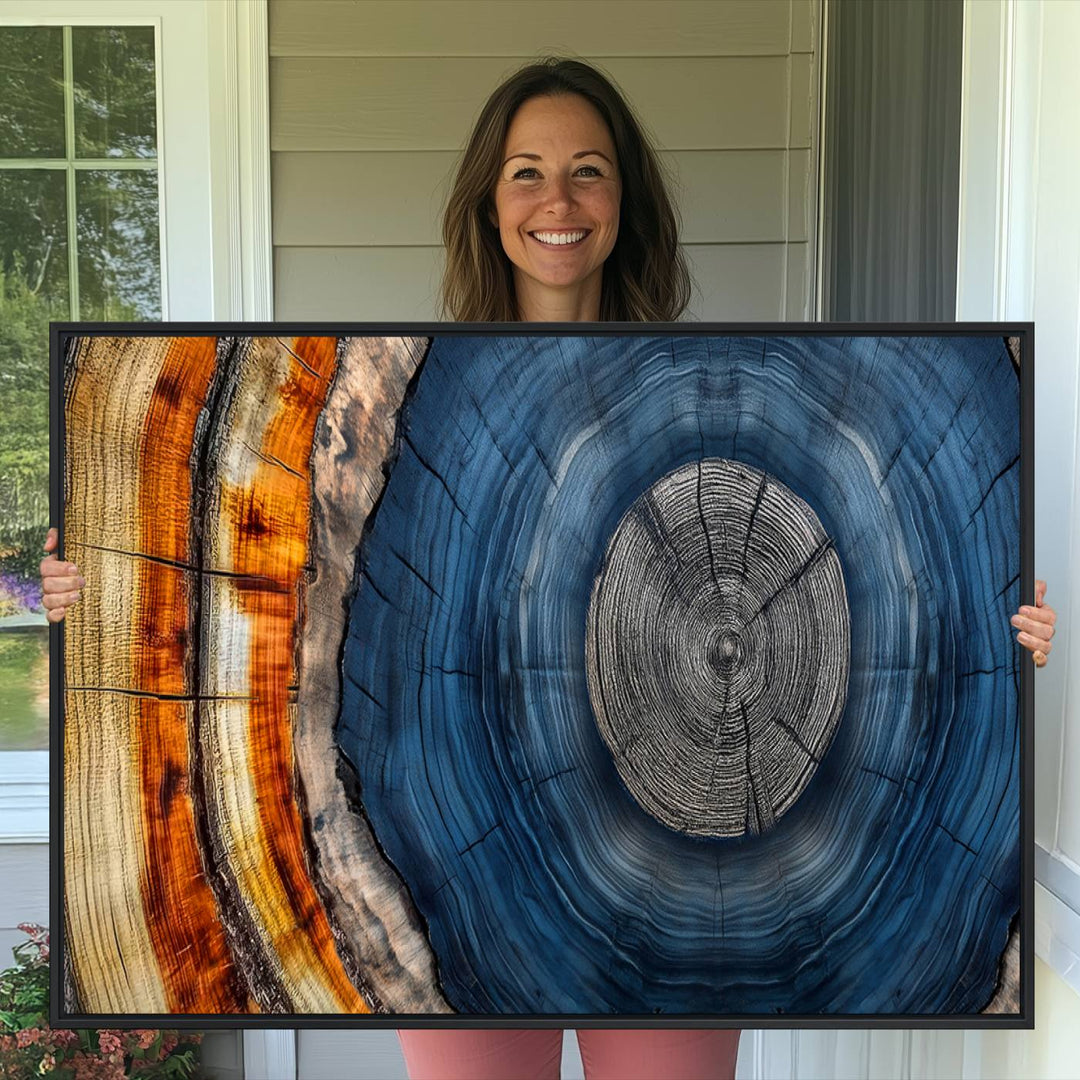 Vibrant Abstract Tree Rings in Orange, Brown, and Blue - Canvas Print for Nature Woodland Wall Decor.