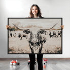 Texas Longhorn Wall Art Canvas Print, Framed Speckled Cow Art Picture Print, Horned Cattle Perfect Rustic Western Decor Artwork