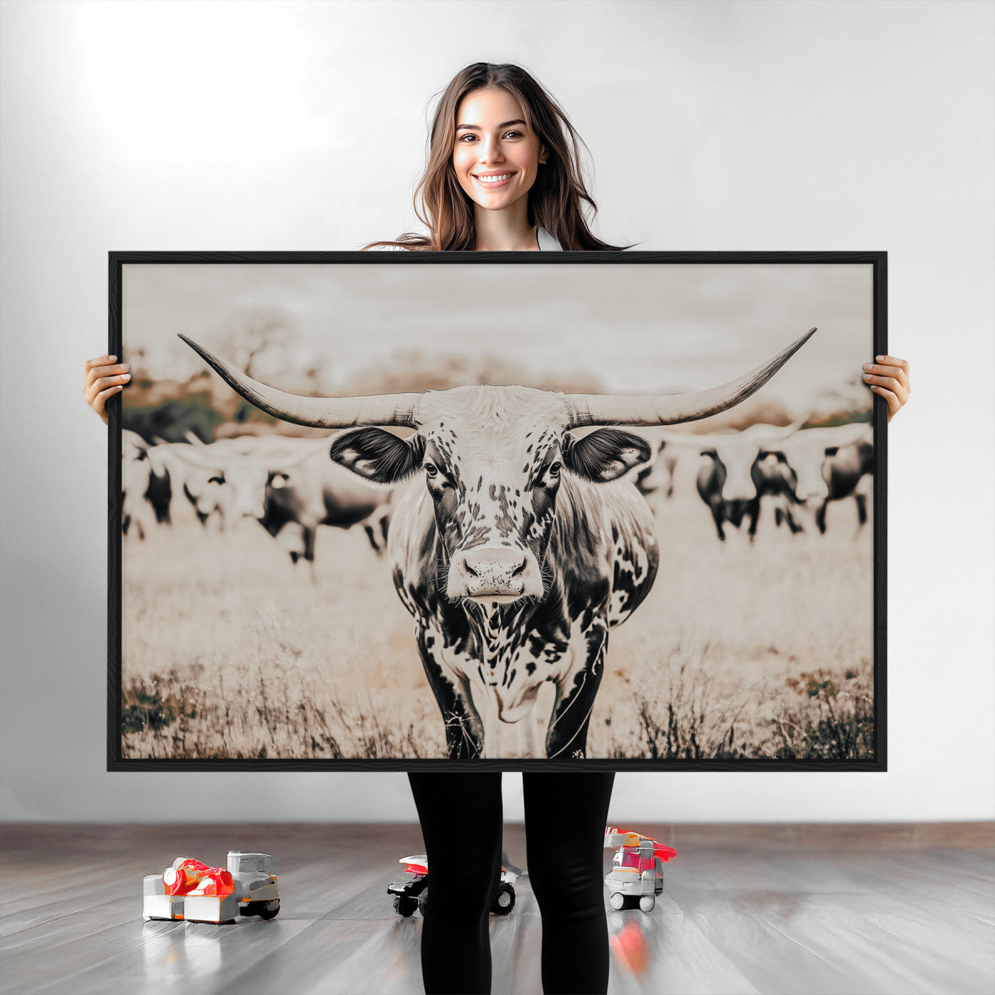 Texas Longhorn Wall Art Canvas Print, Framed Speckled Cow Art Picture Print, Horned Cattle Perfect Rustic Western Decor Artwork
