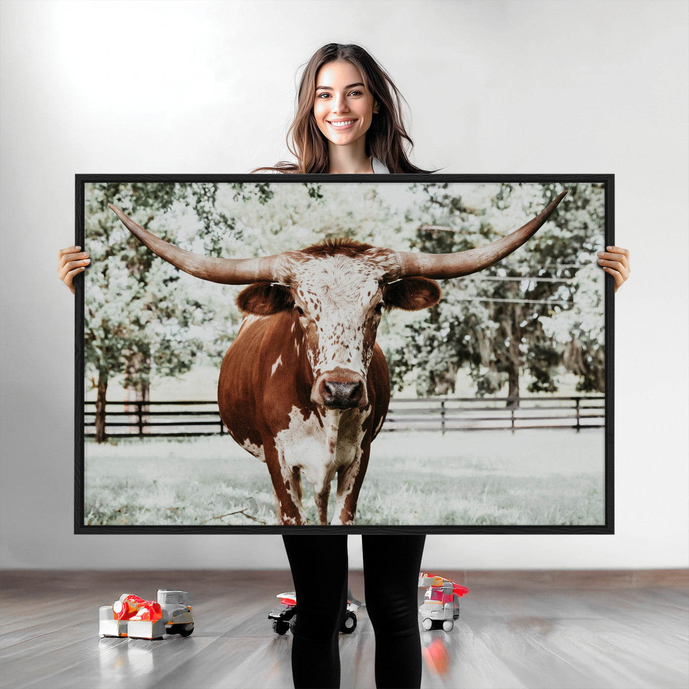 54757537-MGV-CV-36X24-Texas Longhorn Wall Art Canvas Print, Framed Spotted Cow Art Picture Print, Horned Cattle Perfect Rustic Western Decor Artwork