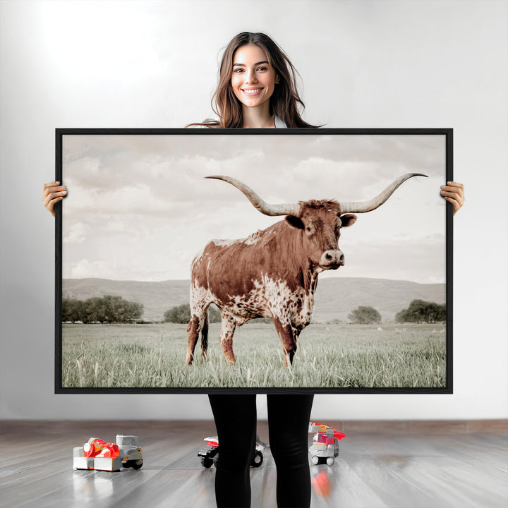 Texas Longhorn Wall Art Canvas Print, Framed Spotted Cattle Art Picture Print, Horned Bull Perfect Rustic Western Decor Artwork