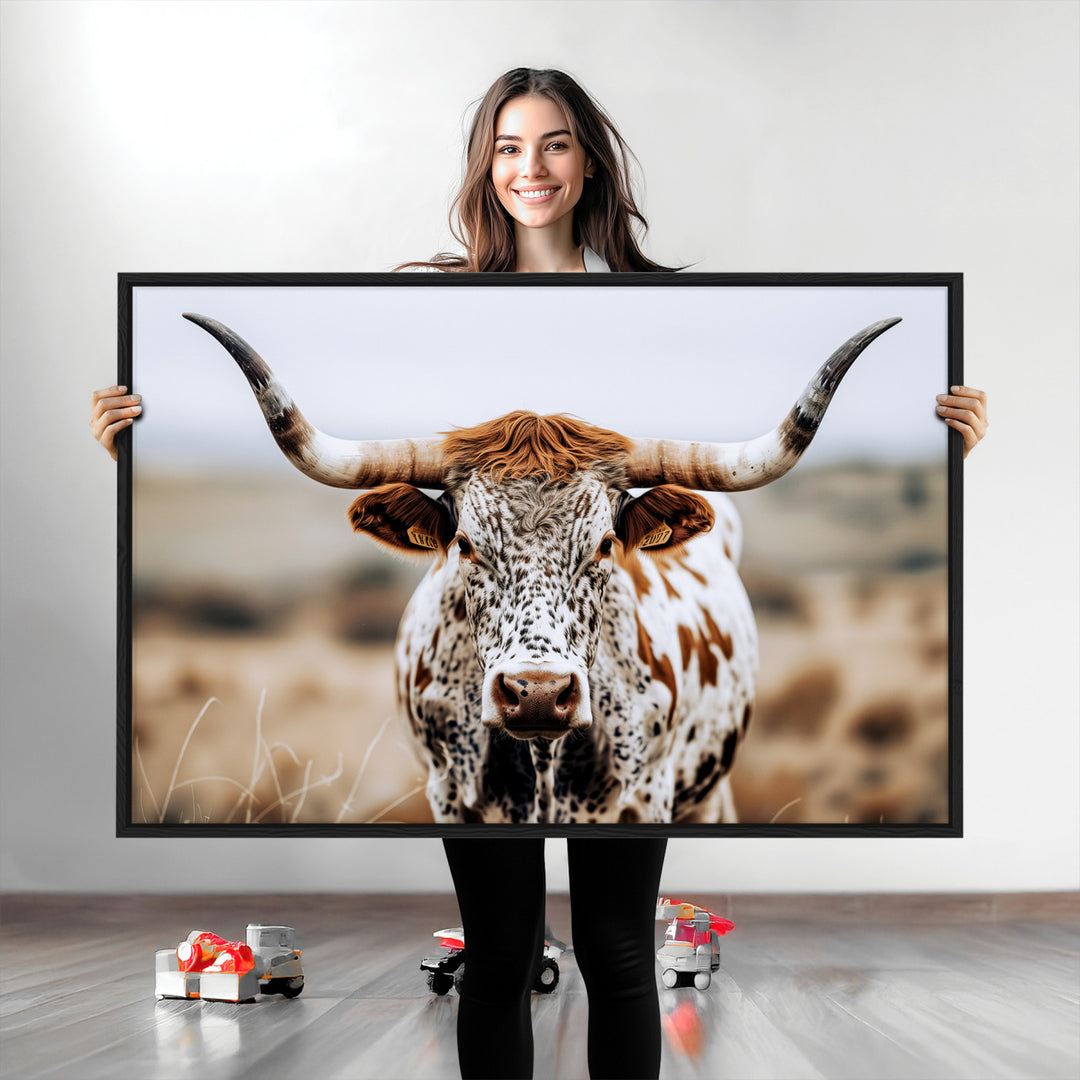 Texas Longhorn Wall Art Canvas Print, Framed Spotted Cow Art Picture Print, Horned Cattle Perfect Rustic Western Decor Artwork