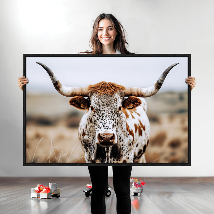 Texas Longhorn Wall Art Canvas Print, Framed Spotted Cow Art Picture Print, Horned Cattle Perfect Rustic Western Decor Artwork
