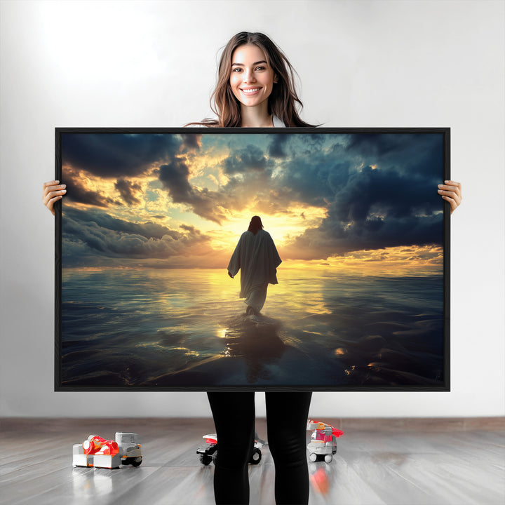 Jesus Walks Wall Art Canvas Print, Framed Divine Sunset Art Picture Print, Spiritual Light Perfect Spiritual Tranquil Decor Artwork