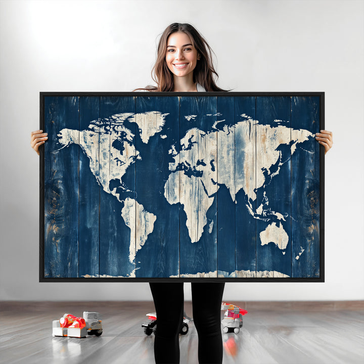 World Map Wall Art Canvas Print, Rustic Map Print, Framed Wooden World Map Art Print, Large Antique Map Decor Printing Perfect for Vintage Decor