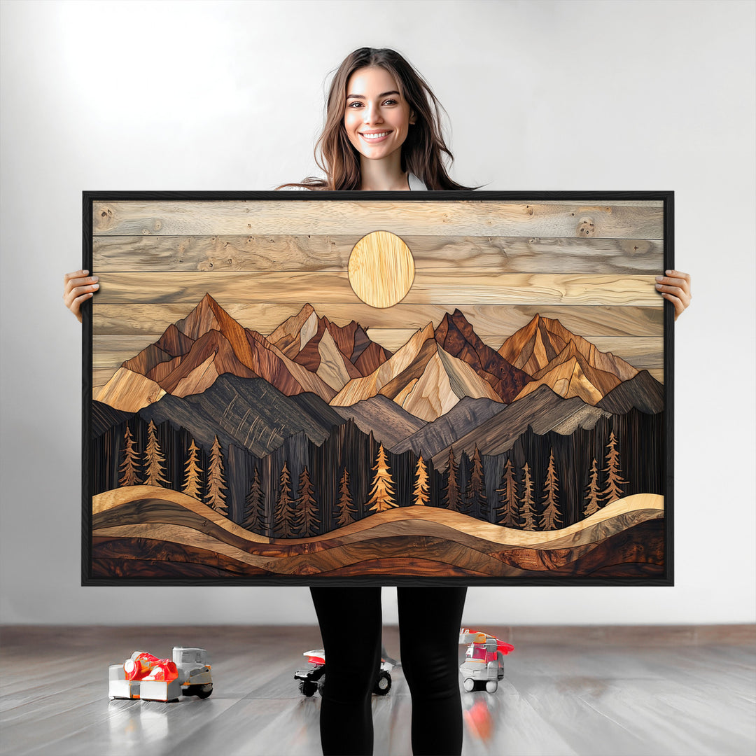 Wood Mountain Wall Art Canvas Print, Framed Boho Wood Art Print, Abstract Woodland Farmhouse Decor