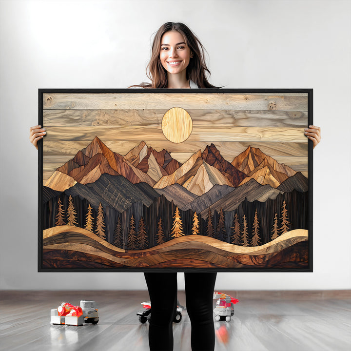 Wood Mountain Wall Art Canvas Print, Framed Boho Wood Art Print, Abstract Woodland Farmhouse Decor