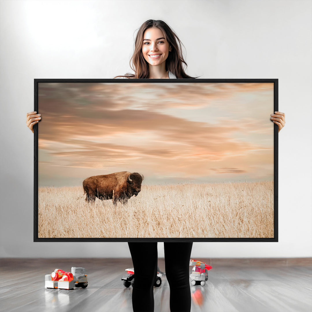 Bison Wall Art Canvas Print, Buffalo Print, Framed Western Prairie Art Print, Large Rustic Wildlife Printing Perfect for Rustic Decor