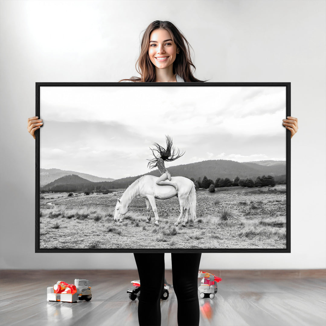 White Horse Wall Art Canvas Print, Woman Rider Print, Framed Equestrian Pose Art Print, Large Grazing Horse Printing Western Boho