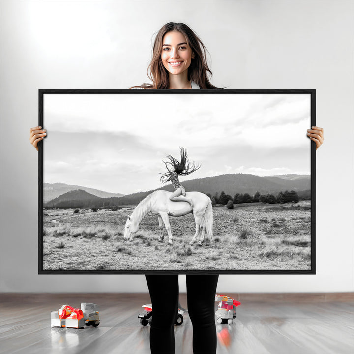 White Horse Wall Art Canvas Print, Woman Rider Print, Framed Equestrian Pose Art Print, Large Grazing Horse Printing Western Boho