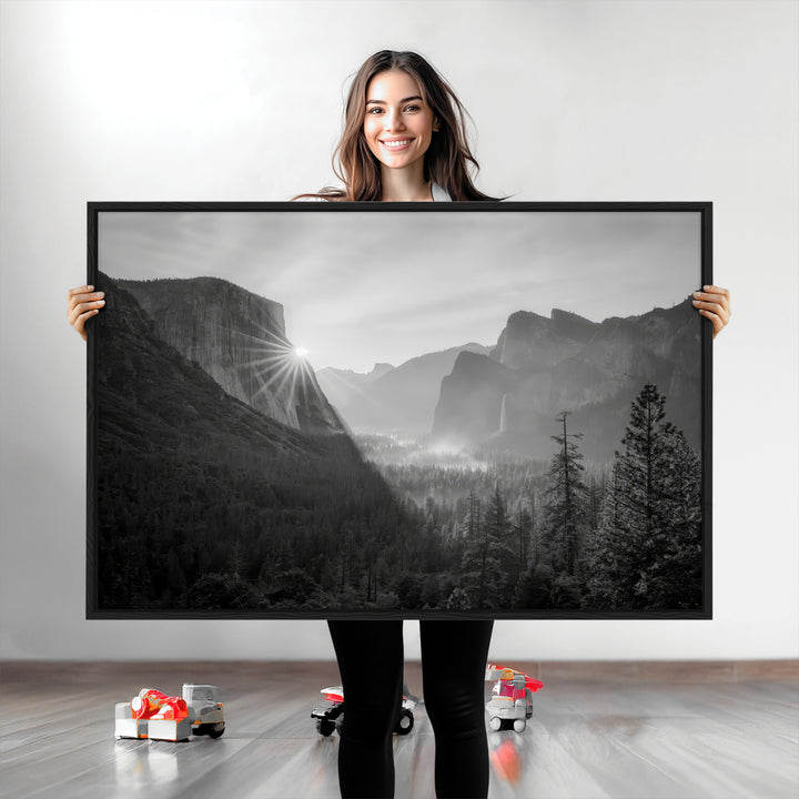 Yosemite Valley Wall Art Canvas Print, Framed El Capitan Sunrise Print, Framed Misty Mountain Art Print, Large Monochrome Valley Printing