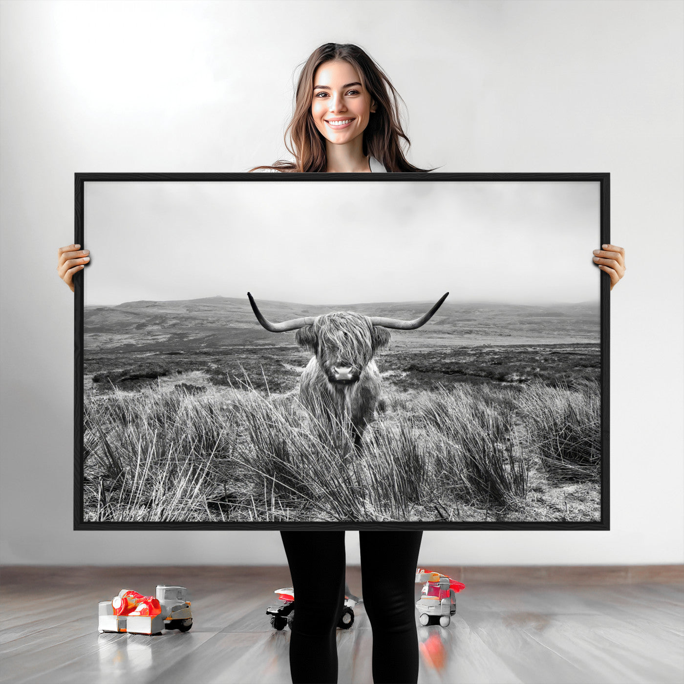 A black and white portrait of a Highland cow in a foggy Scottish countryside, capturing a rustic aesthetic and tranquil farm escape.