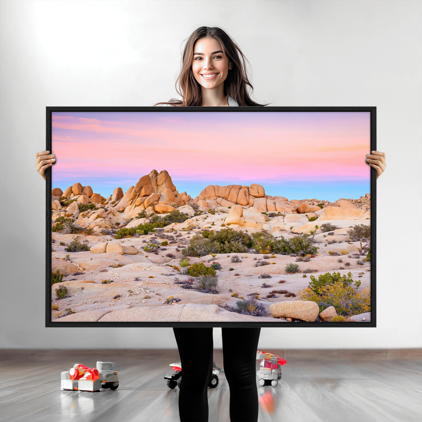 A breathtaking desert landscape featuring rugged rock formations under a vibrant pastel sunset sky, capturing the warmth and serenity of a Southwestern wilderness.