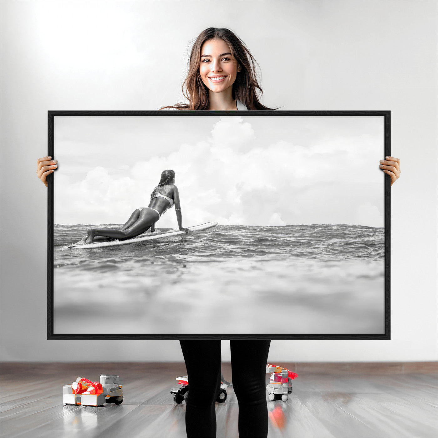 A black and white ocean scene featuring a surfer girl waiting on her board, gazing at the horizon, capturing a tranquil and adventurous coastal moment.