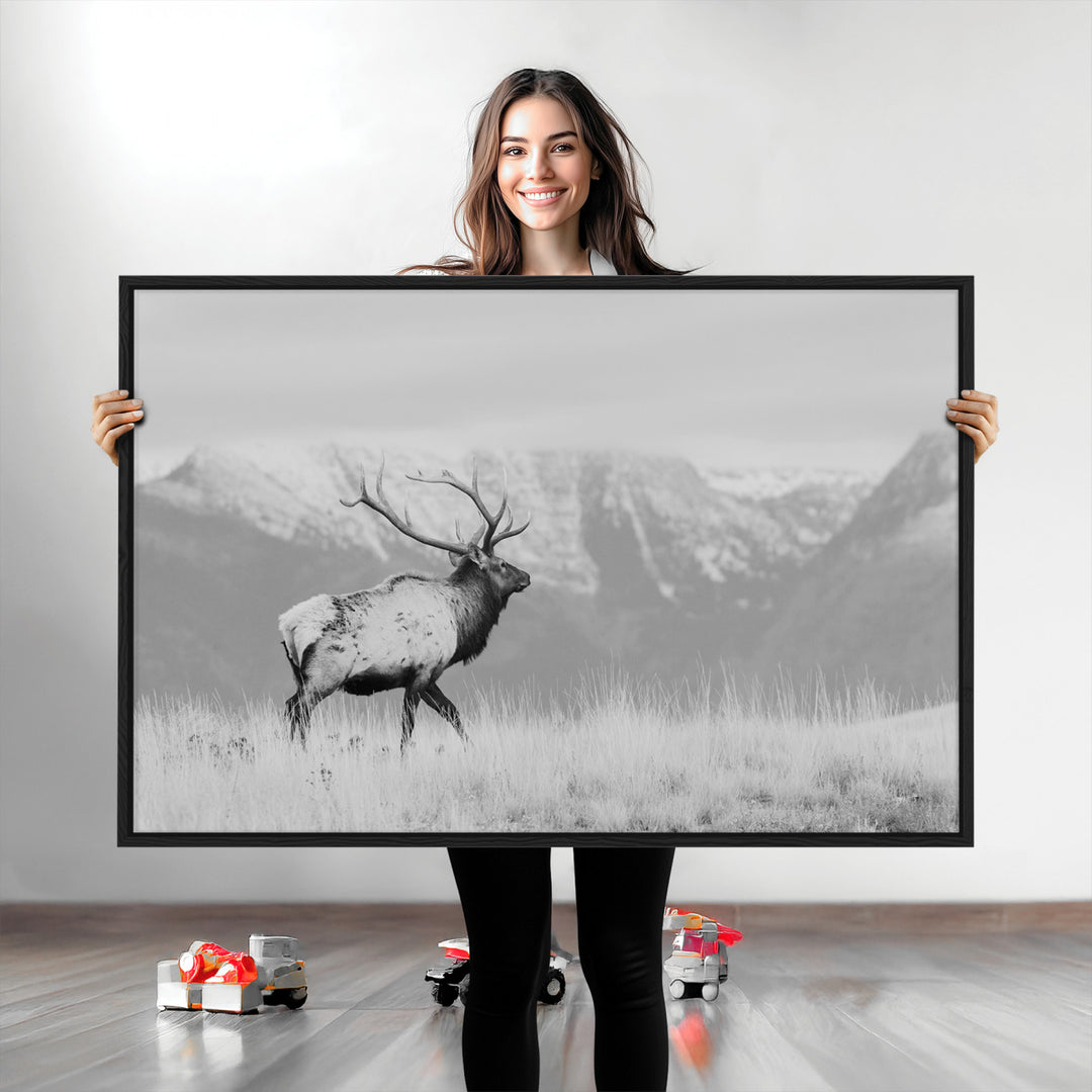 Rustic Elk Wall Art Canvas Print, Wildlife Antler Print, Framed Western Hunting Lodge Art Print, Large Mountain Nature Scene Printing Perfect for Japanese Decor