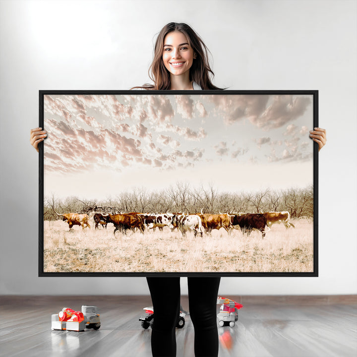 Longhorn Cattle Wall Art Canvas Print, Texas Ranch Print, Framed Western Cow Art Print, Large Prairie Landscape Printing Perfect for Western Decor