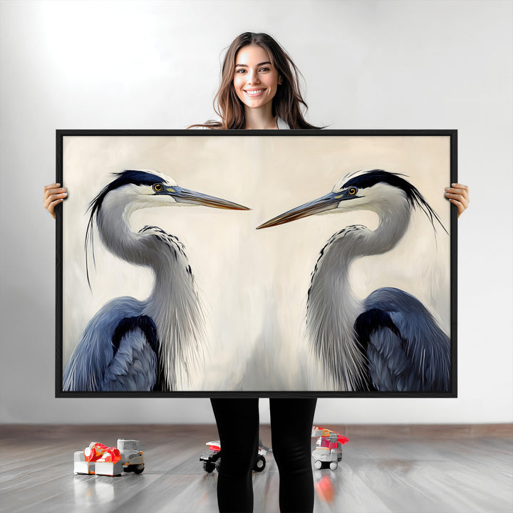 Blue Heron Pair Art Canvas Print, Coastal Bird Theme Print, Framed Tranquil Wildlife Scene Art Print, Large Nature Inspired Decor