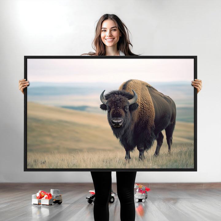 Bison Wall Art Canvas Print, Buffalo Canvas Print Print, Framed American Bison Decor Art Print, Large Frontier Style Printing Perfect