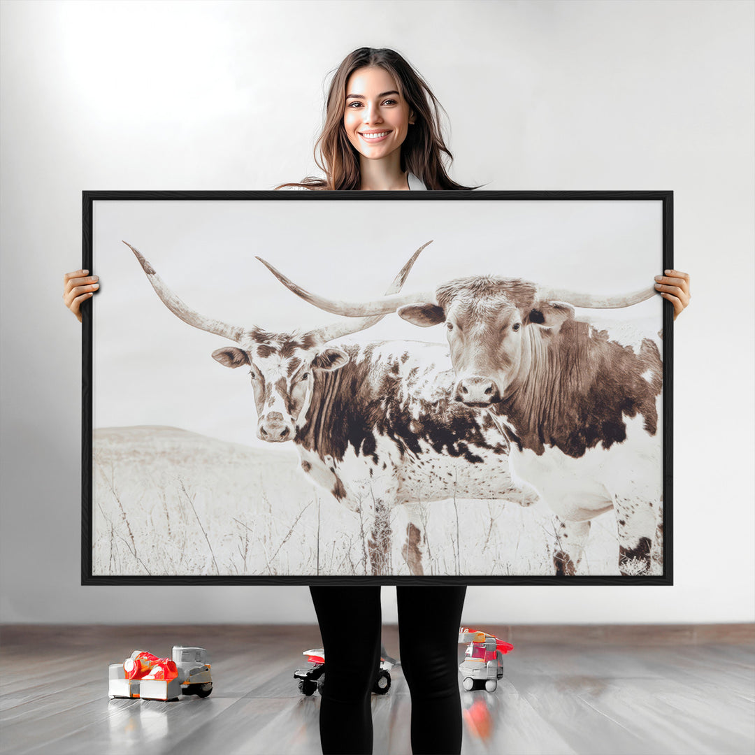Longhorn Wall Art Canvas Print, Longhorn Wall Art Wall Art Canvas Print, Western Cow Canvas Print, Framed Rustic Farm Decor Art Print,