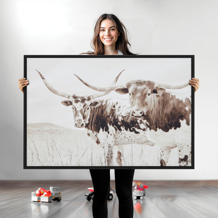 Longhorn Wall Art Canvas Print, Longhorn Wall Art Wall Art Canvas Print, Western Cow Canvas Print, Framed Rustic Farm Decor Art Print,