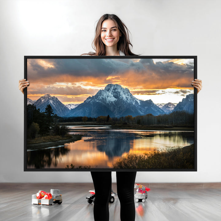 Mountain Sunset Wall Art Canvas Print, Framed Alpine Wilderness Art Picture Print, Golden Hour Perfect Wilderness Decor Artwork